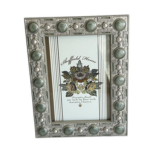 Ornate Sheffield Enamel Jewel Frame Photo Picture Green Silver 4x6” Photo - Picture 1 of 6